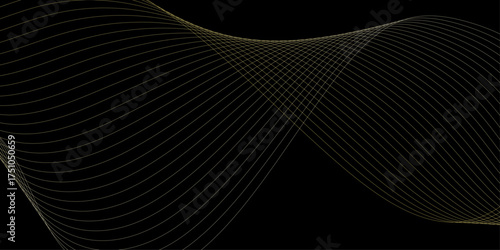 Abstract wave element for design. Digital frequency track equalizer. Stylized line art background, Geometric golden line vector waves on black  background. Editable stroke.
