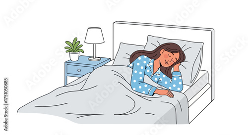 A peaceful illustration of a woman sleeping soundly in her bed, wearing blue polka-dot pajamas, with a nightstand and lamp beside her.