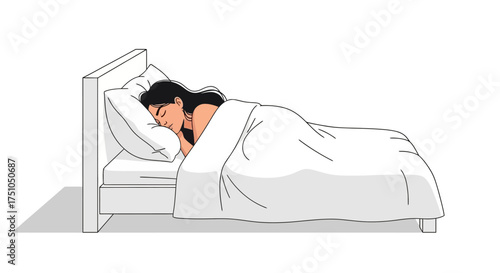 A woman is sleeping peacefully in a white bed, covered by a white blanket.