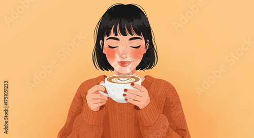Illustration of a woman enjoying a cup of coffee with a heart-shaped design on top.