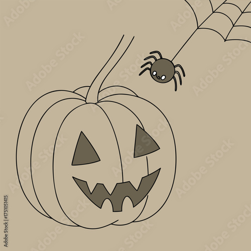 Spooky season is here with a grinning jack-o'-lantern and a cute spider hanging from its web, ready for Halloween celebrations and fun tricks