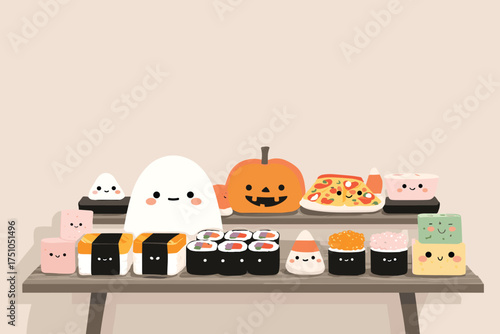 kawaii buffet spread with jack-o-lantern pizza, candy sushi, ghost marshmallows vector illustration