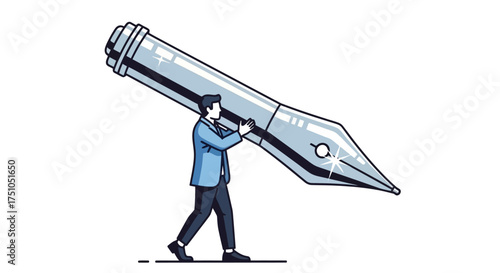 A man in a suit carries a giant silver fountain pen on his shoulder, symbolizing the weight of writing or the power of words.