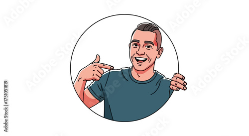 A cartoon illustration of a smiling man pointing at himself with a confident expression.