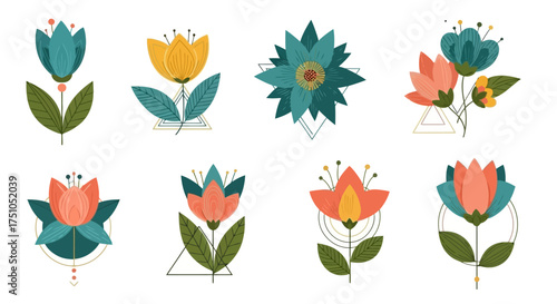 A collection of eight stylized folk art flowers with modern geometric designs isolated on a white background.