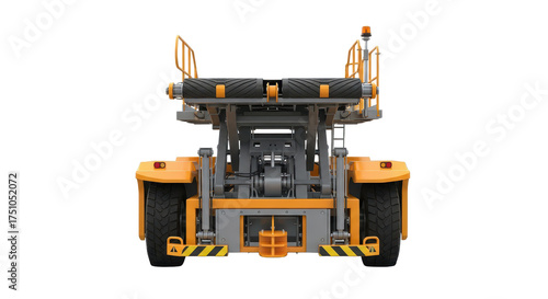 Robust specialized railway maintenance vehicle for track work, heavy industrial equipment from a rear perspective, isolated on a clean white background