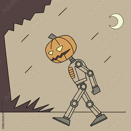 Spooky Halloween night with a pumpkin headed robot character walking near a tree with a moonlit sky, perfect for seasonal themes and fantasy projects