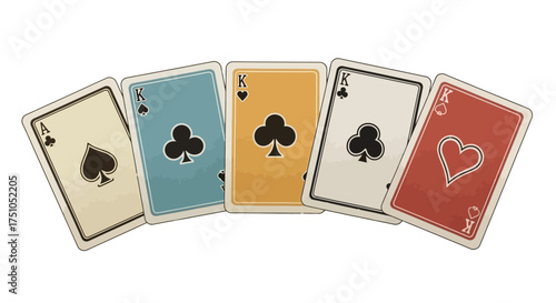 Five playing cards fanned out, showing different suits and values, arranged in a row.