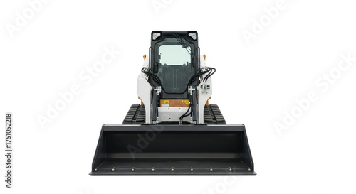 Detailed full-body compact track loader with heavy-duty front bucket, isolated on a clean white background, ideal industrial equipment for construction projects