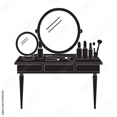 Vanity Table Illustration with Mirrors and Makeup Accessories Black and White Beauty Station Setup with Cosmetic Products and Brushes Silhouette