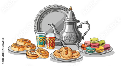A traditional Moroccan tea set with a silver teapot, decorated glasses, and an assortment of cookies and macarons on a white background.