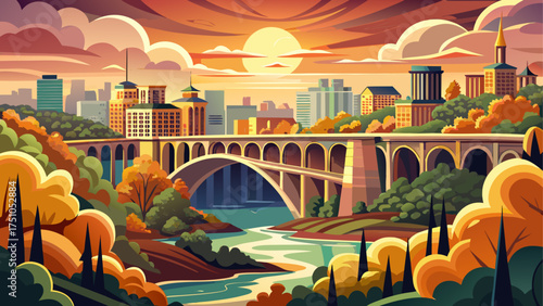 
Very beautiful panoramic cityscape of Richmond Virginia with bridges crossing the James River and golden clouds in the evening sky.