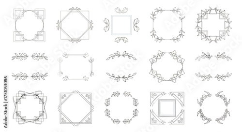 A diverse collection of elegant, hand-drawn style frames, wreaths, and borders featuring intricate geometric and botanical designs.