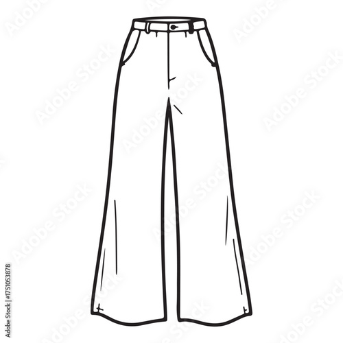 Wide leg pants technical drawing fashion flat sketch vector illustration in black and white outline perfect for designers