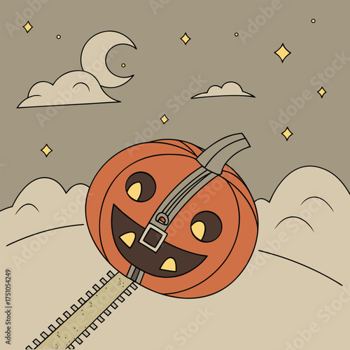 Spooky cute Halloween pumpkin character with zipper face under a starry moonlit sky, perfect for holiday fun and festive designs