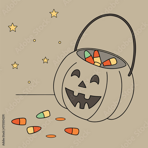 Delightful pumpkin bucket filled with sweet candy corn and twinkling stars, perfect for Halloween celebrations and spooky season designs