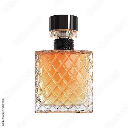Perfume bottle, diamond pattern, amber liquid, shiny, black cap