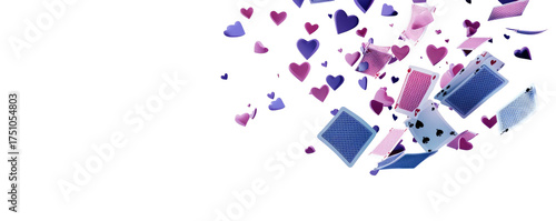 Scattered cards and heart shapes float against a stark black background