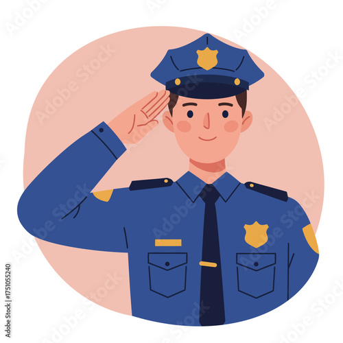Cartoon illustration of a police officer in uniform saluting against a peach-colored background.