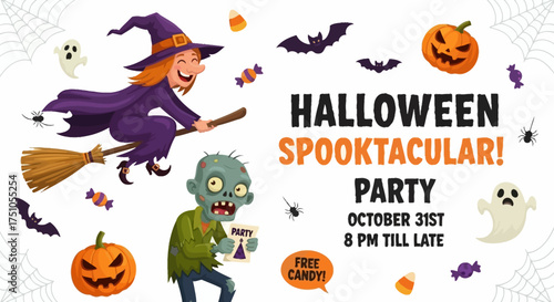 Halloween Spooktacular party invitation with a witch on a broom, zombie, pumpkins, bats, and ghosts.