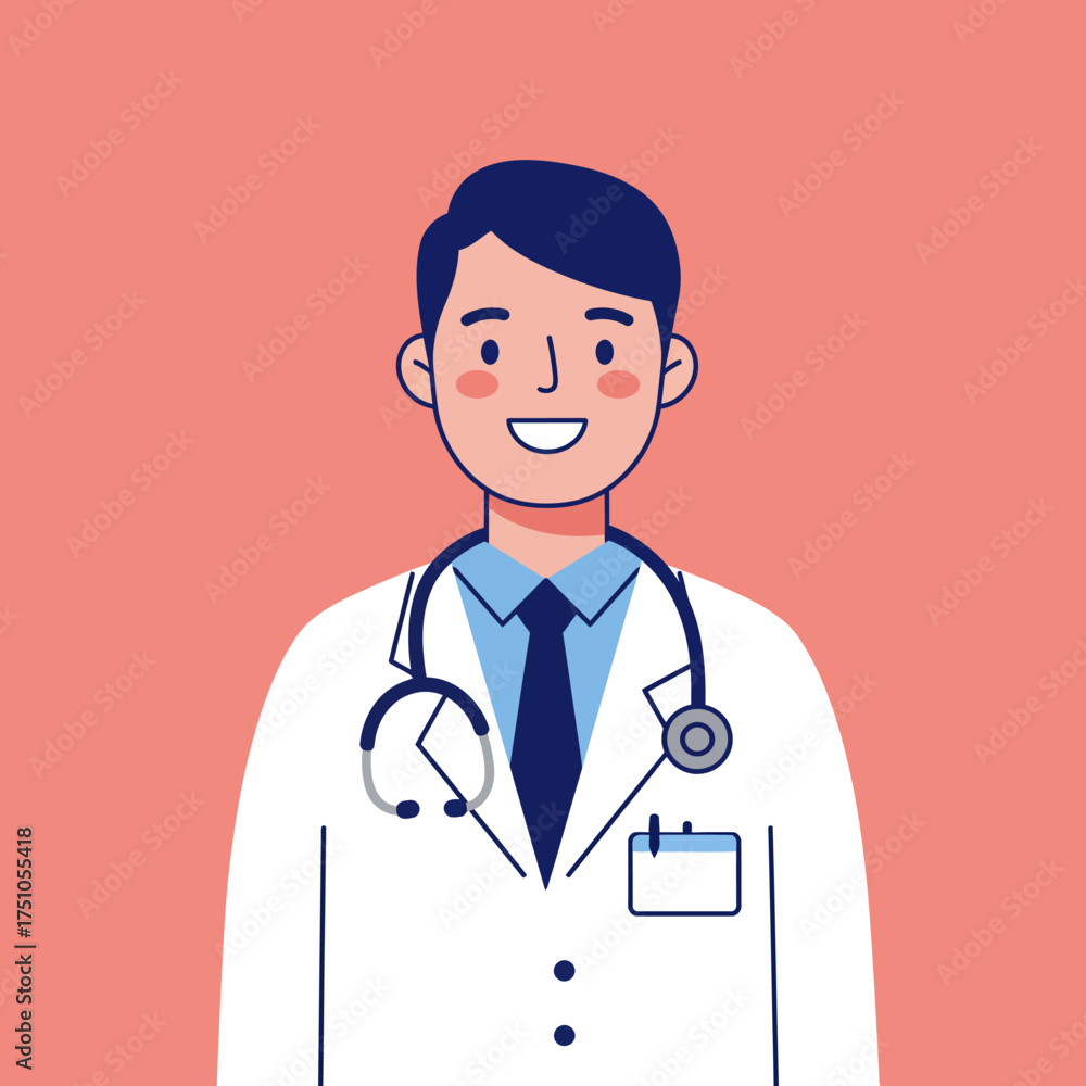 Fototapeta premium Smiling male doctor wearing a white coat and stethoscope, ready to provide medical care.