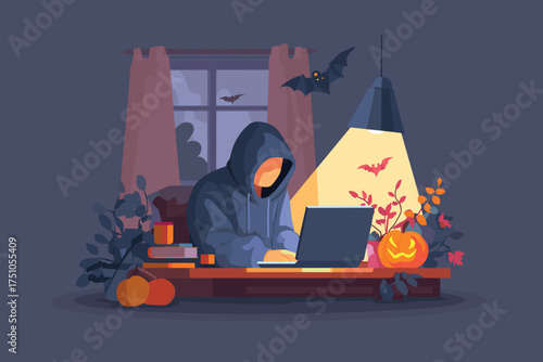 night-time work-from-home setup, witch in hoodie at glowing laptop, bat flying near lamp, cozy Halloween vibe vector illustration
