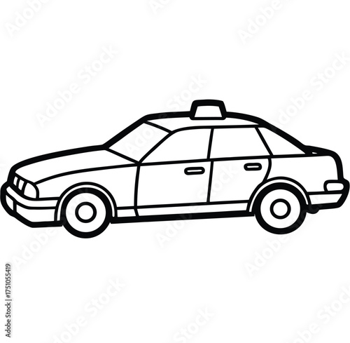 A black and white drawing of a taxicab