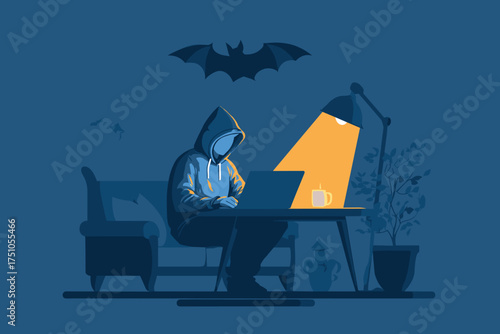 night-time work-from-home setup, witch in hoodie at glowing laptop, bat flying near lamp, cozy Halloween vibe vector illustration
