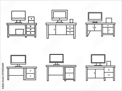 Office Desk Set Line Art Simple Vector Design Elements Collection