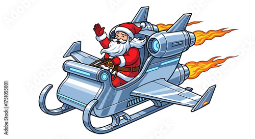 Santa Claus flying in a futuristic rocket-powered sleigh with flames coming out of the engines.