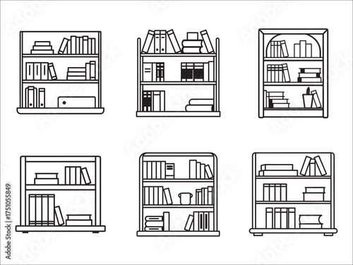 Variety of bookcase designs with books line art illustration vector