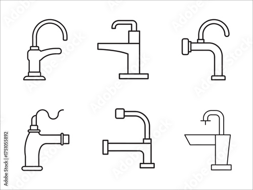 Variety of modern bathroom and kitchen sink faucet line art illustrations
