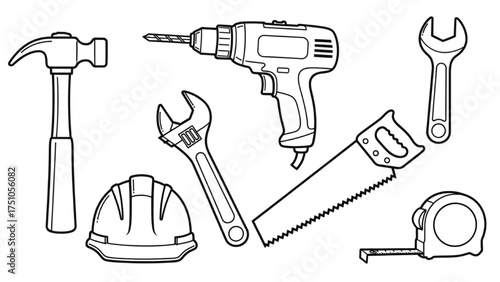 High-Quality One-Line Vector Icons of Hammer, Drill, Wrench, Saw, Helmet, and Measuring Tape, Minimalist Black and White Illustration of Essential Construction Tools and Site Equipment
