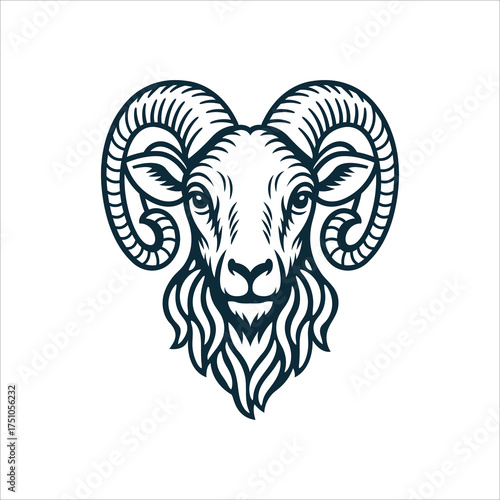 Hand-drawn ram head in vintage engraving style with bold monochrome lines. Classic Aries zodiac sign illustration. Perfect for logo, tattoo, astrology, and horoscope design. Part of set.