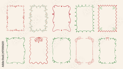Border for Christmas decoration featuring fir branches, bow, ribbon, and lights in vintage doodle style suitable for posters, placards, and invitations. Holiday frame vector illustration 