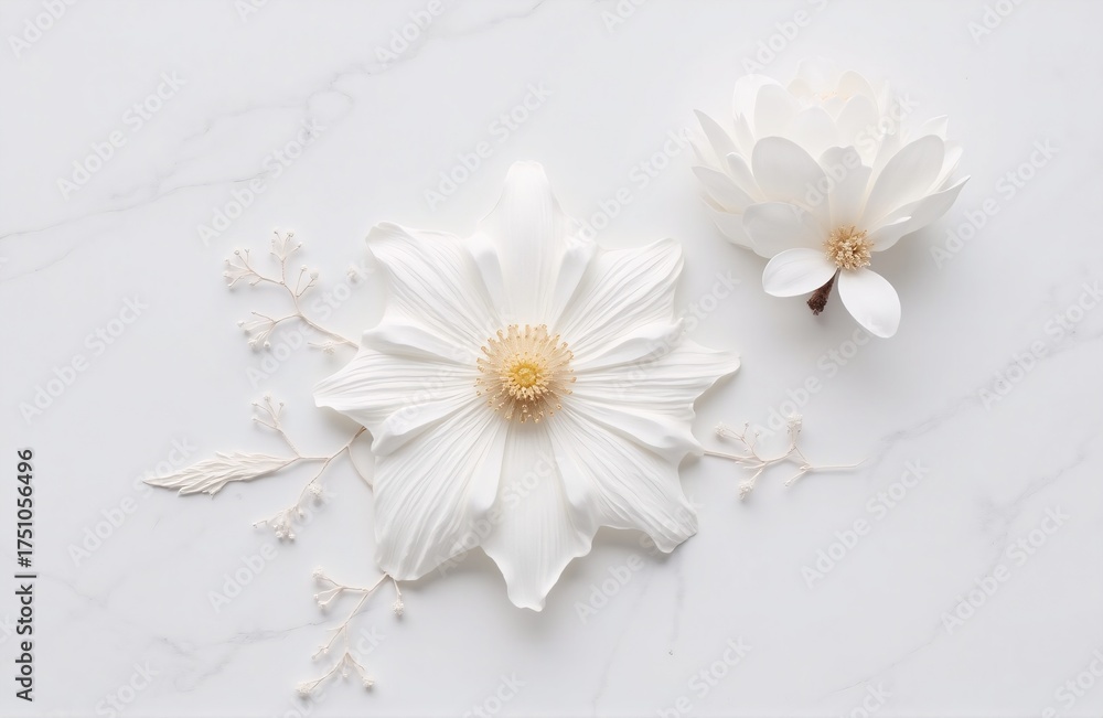 Obraz premium Pure White Flowers: Minimalist Nature Illustration on Marble