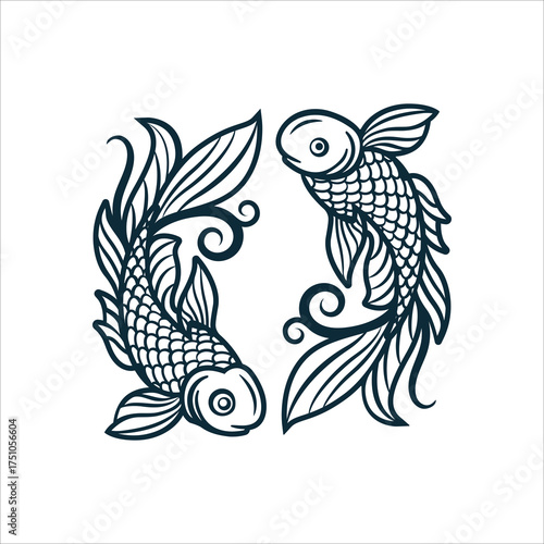 Hand-drawn pair of fish in vintage engraving style forming a circular motion. Classic Pisces zodiac sign illustration. Perfect for logo, tattoo, astrology, and spiritual art. Part of set.