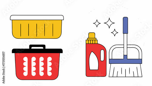 A colorful vector illustration set of household laundry and cleaning supplies.