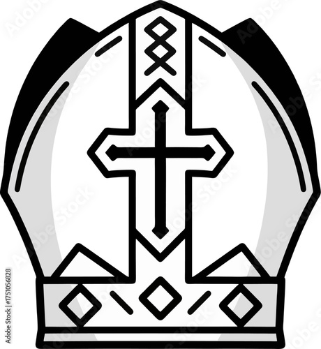 Geometric Bishop Mitre Vector Icon – Black and White Catholic Cross Ceremonial Hat Outline