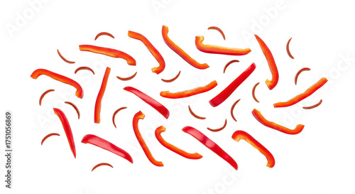 Vibrant Red Bell Pepper Strips and Curved Shapes Scattered on White Background