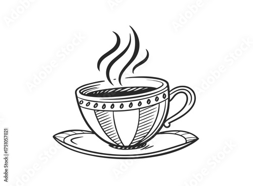 Steaming hand-drawn coffee cup and saucer doodle with decorative stripes and dots, black and white line art sketch.