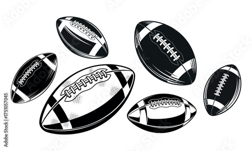 Collection of realistic american footballs scattered randomly against a white backdrop for sports design