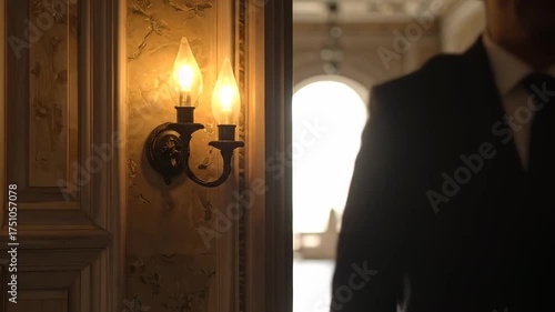 Silhouette of a Mysterious Businessman Walking Through a Grand Hallway.
