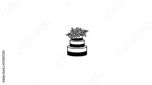 Elegant black and white line art illustration of a tiered celebration cake adorned with flowers. Minimalist wedding dessert graphic.