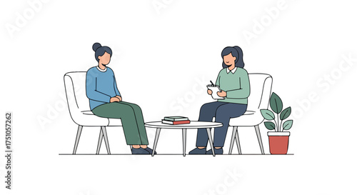 Illustrative depiction showcasing a therapy session with a patient consulting a therapist in a calm and supportive environment