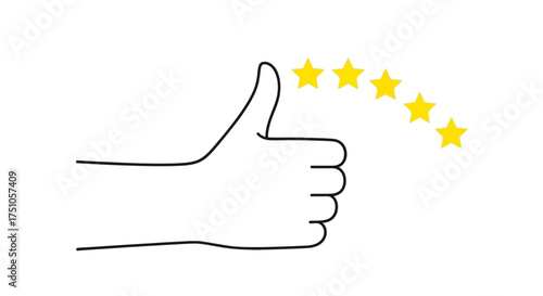 A simple line drawing of a hand giving a thumbs up with five yellow stars arcing above it.