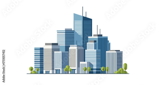 Cityscape Illustration with Modern Buildings and Green Spaces Depicting Urban Development and Environmental Harmony