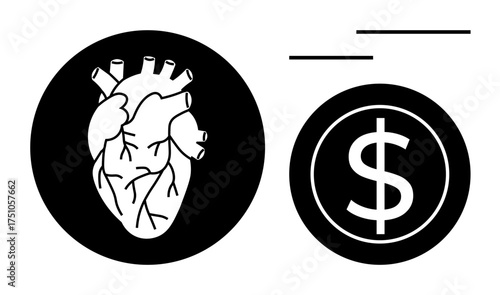 Anatomical heart in black circle next to dollar sign with lines of motion. Ideal for healthcare, economy, investment, wellness, priorities, emotional value, and decision-making. Simple flat metaphor