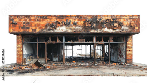 Burned-out brick building, windows shattered, scorched and decaying facade