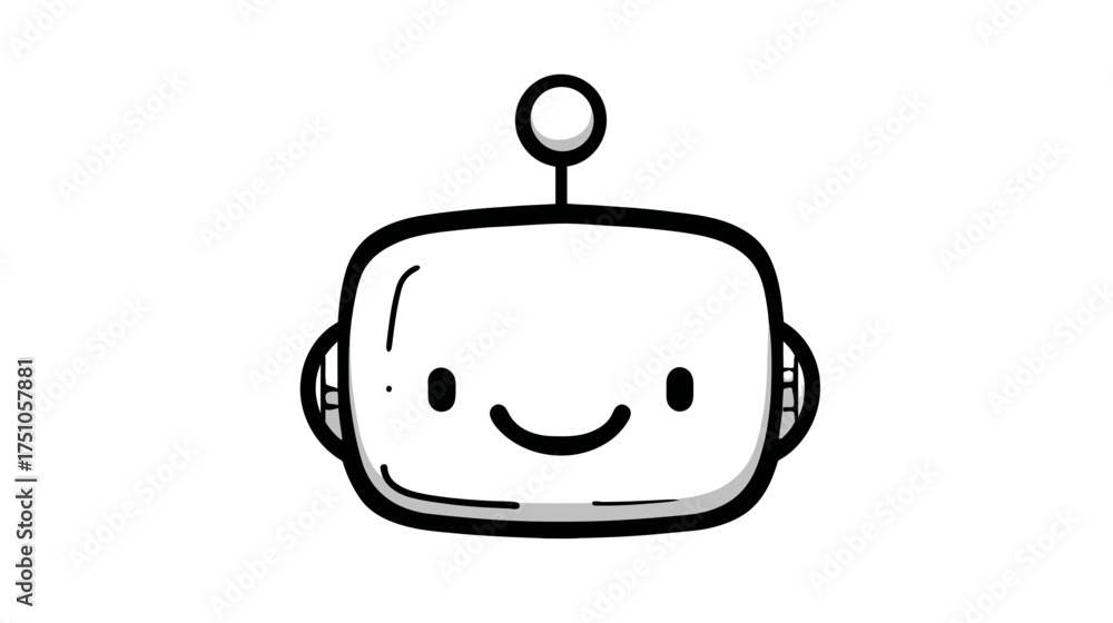 Obraz premium Cute smiling robot head doodle illustration. Simple hand-drawn cartoon artificial intelligence character icon with antenna.